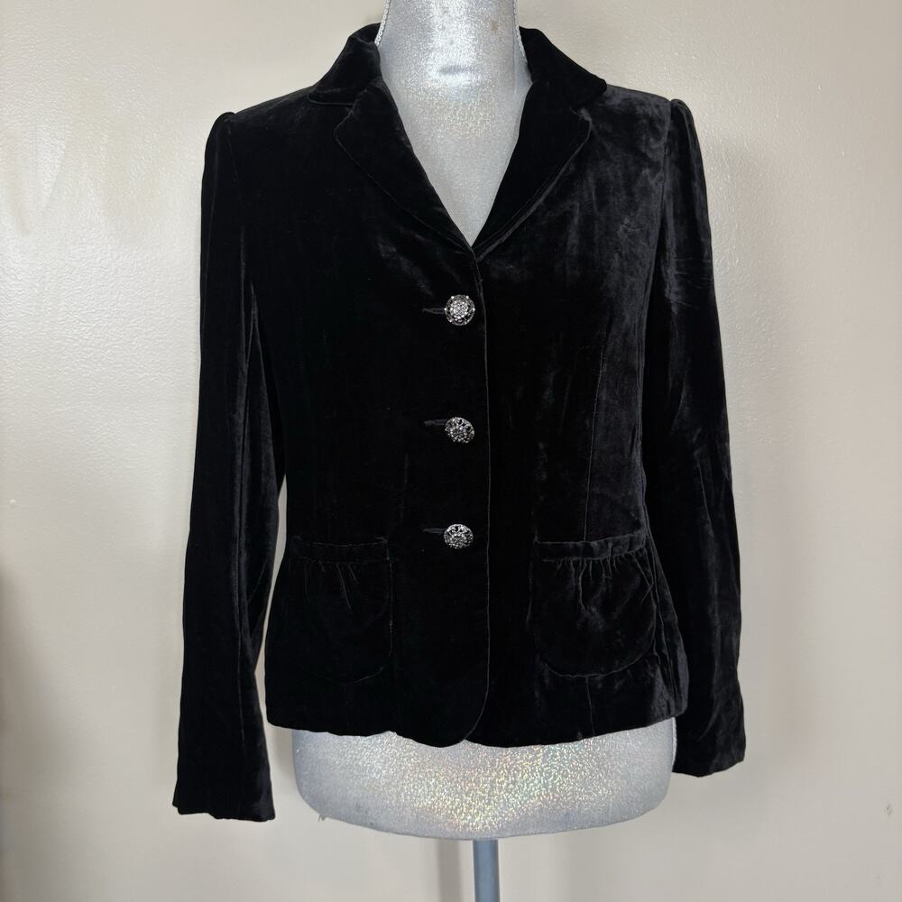 Pursuits Ltd Petite Black Velvet Blazer Jacket Silk Blend Rhinestone Buttons 6P